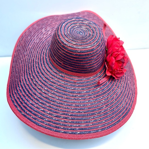 Wide 7.5” Brim Elegant Red and Blue Striped Women\'s Sun Hat, Big Flower main image 4
